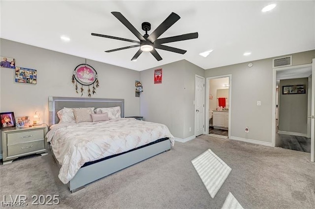 2451 N Rainbow Blvd Unit 2076, Las Vegas, NV 89108 - bedroom featuring carpet floors, baseboards, recessed lighting, ensuite bath, and ceiling fan