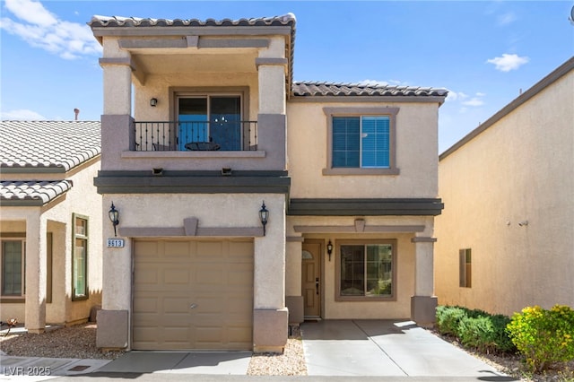 9613 Eland Ct, Las Vegas, NV 89149 - mediterranean / spanish-style house with a balcony, a garage, a tiled roof, and stucco siding
