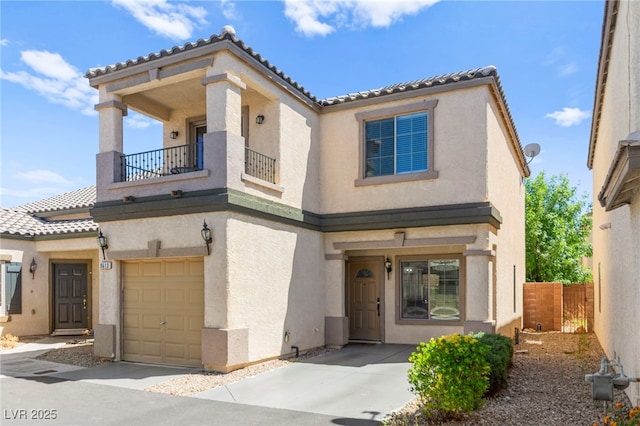 9613 Eland Ct, Las Vegas, NV 89149 - mediterranean / spanish-style home with a balcony, a garage, stucco siding, and a tile roof