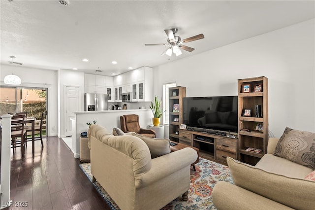 9613 Eland Ct, Las Vegas, NV 89149 - living area with a ceiling fan, recessed lighting, and dark wood-type flooring