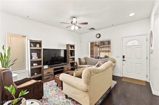 9613 Eland Ct, Las Vegas, NV 89149 - living room featuring ceiling fan, wood finished floors, recessed lighting, and baseboards
