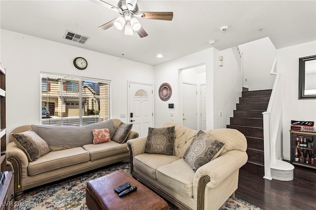 9613 Eland Ct, Las Vegas, NV 89149 - living area with wood finished floors, stairs, ceiling fan, and recessed lighting