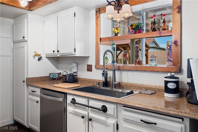 3008 Soledad Dr, Laughlin, NV 89029 - kitchen featuring stainless steel dishwasher, a sink, white cabinets, open shelves, and a chandelier