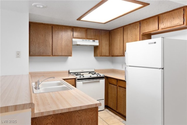 3740 Desert Marina Dr Unit 2, Laughlin, NV 89029 - kitchen featuring white appliances, under cabinet range hood, a sink, brown cabinets, and light tile patterned floors