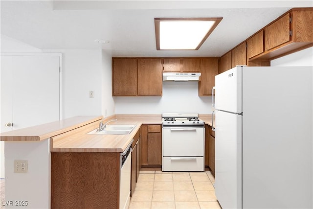 3740 Desert Marina Dr Unit 2, Laughlin, NV 89029 - kitchen featuring white appliances, a sink, under cabinet range hood, a peninsula, and brown cabinetry