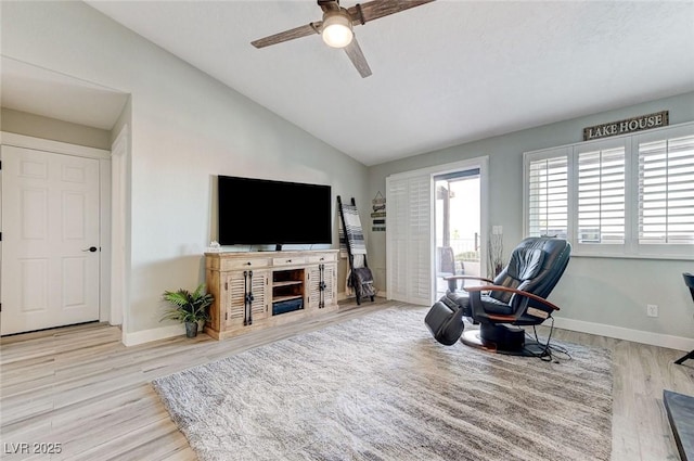 450 Intrepid Ct, Boulder City, NV 89005 - living area with lofted ceiling, a ceiling fan, wood finished floors, and baseboards
