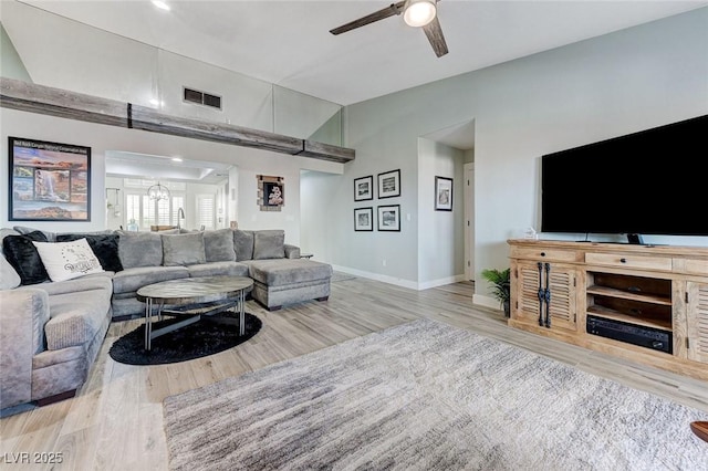 450 Intrepid Ct, Boulder City, NV 89005 - living room with a ceiling fan, wood finished floors, baseboards, and lofted ceiling