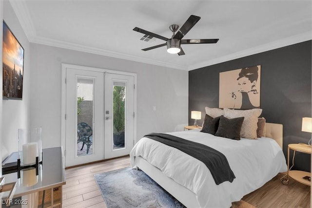 4108 Royal Scots Ave, Las Vegas, NV 89141 - bedroom featuring french doors, wood finished floors, access to outside, ornamental molding, and a ceiling fan