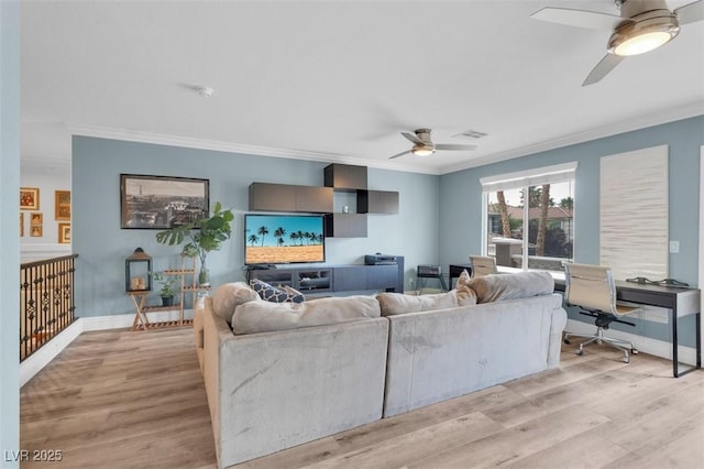 4108 Royal Scots Ave, Las Vegas, NV 89141 - living area featuring ceiling fan, crown molding, light wood-type flooring, and baseboards