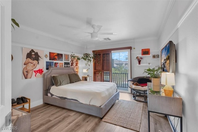 4108 Royal Scots Ave, Las Vegas, NV 89141 - bedroom with access to outside, wood finished floors, crown molding, ceiling fan, and baseboards