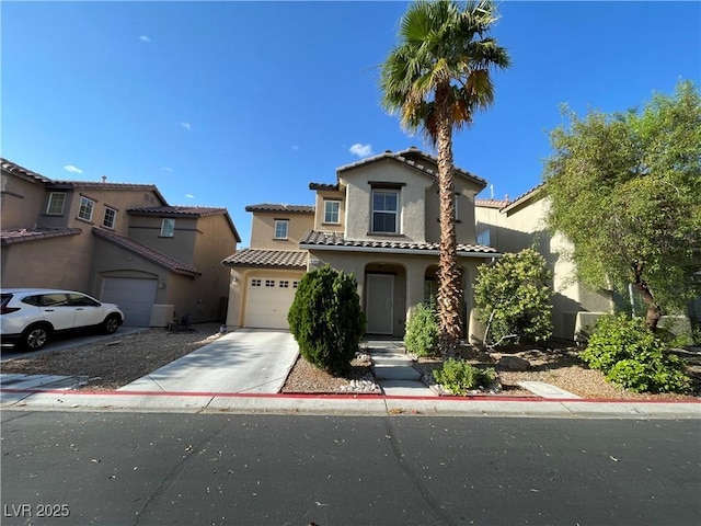 4749 Golden Shimmer Ave, Las Vegas, NV 89139 - mediterranean / spanish-style home featuring stucco siding, driveway, a tiled roof, and an attached garage