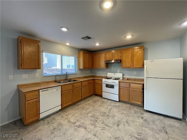 4749 Golden Shimmer Ave, Las Vegas, NV 89139 - kitchen featuring white appliances, a sink, under cabinet range hood, brown cabinets, and light countertops