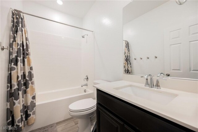 7002 Fossil Rim St, North Las Vegas, NV 89084 - full bathroom featuring vanity, toilet, shower / bathtub combination with curtain, and wood finished floors