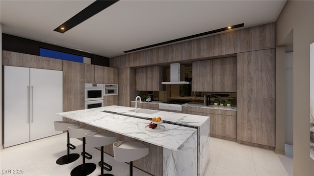 7047 Nomi Ct, Las Vegas, NV 89120 - kitchen featuring white appliances, a sink, wall chimney exhaust hood, a center island with sink, and a breakfast bar