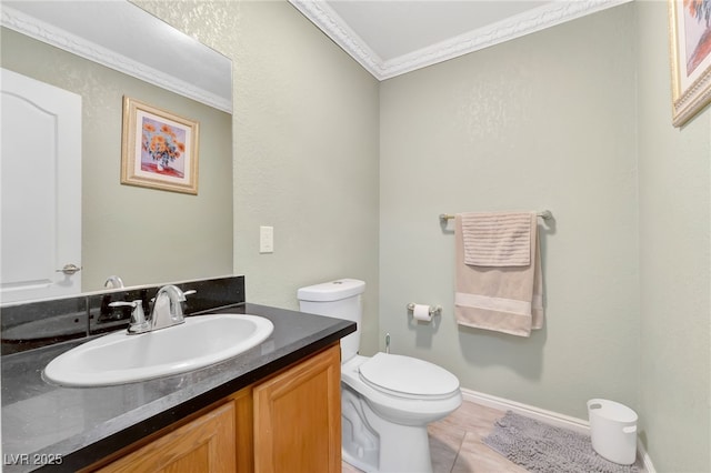 5829 W Patrick Ln, Las Vegas, NV 89118 - half bathroom with crown molding, toilet, vanity, and tile patterned flooring