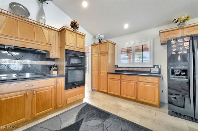 5829 W Patrick Ln, Las Vegas, NV 89118 - kitchen with black appliances, decorative backsplash, dark countertops, lofted ceiling, and light tile patterned floors