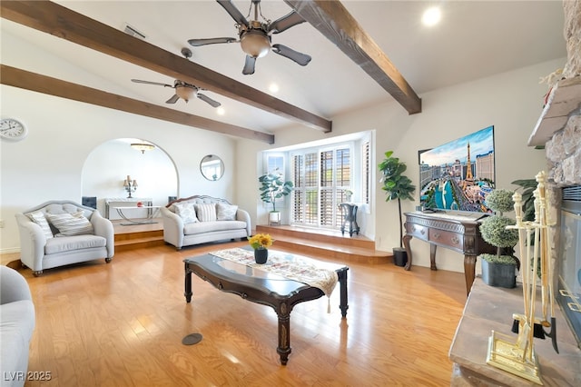5829 W Patrick Ln, Las Vegas, NV 89118 - living area featuring beamed ceiling, ceiling fan, light wood-type flooring, baseboards, and recessed lighting
