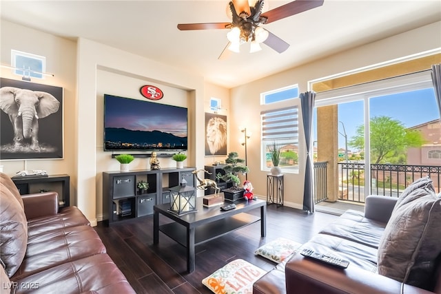 9704 Morgan Creek Ct, Las Vegas, NV 89141 - living area with wood finished floors, a ceiling fan, and baseboards