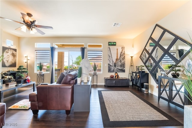 9704 Morgan Creek Ct, Las Vegas, NV 89141 - living room featuring wood finished floors, a ceiling fan, and baseboards