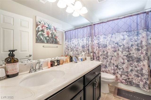 9704 Morgan Creek Ct, Las Vegas, NV 89141 - full bathroom with toilet, vanity, curtained shower, and tile patterned floors