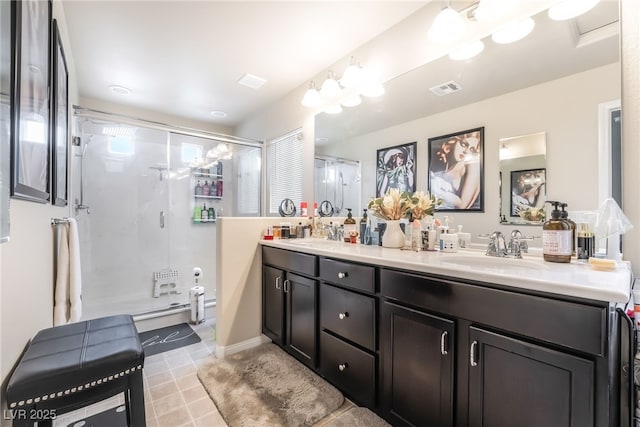 9704 Morgan Creek Ct, Las Vegas, NV 89141 - full bathroom with a stall shower, double vanity, and tile patterned floors