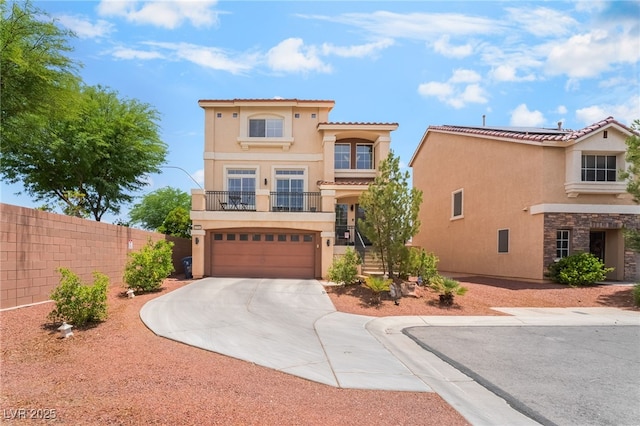 9704 Morgan Creek Ct, Las Vegas, NV 89141 - mediterranean / spanish-style house featuring stucco siding, a balcony, a garage, and driveway