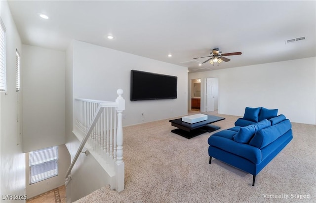 8872 Perfect Diamond Ct, Las Vegas, NV 89129 - carpeted living room featuring a ceiling fan, recessed lighting, and healthy amount of natural light