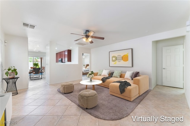 8872 Perfect Diamond Ct, Las Vegas, NV 89129 - living area with light tile patterned floors, a ceiling fan, and recessed lighting