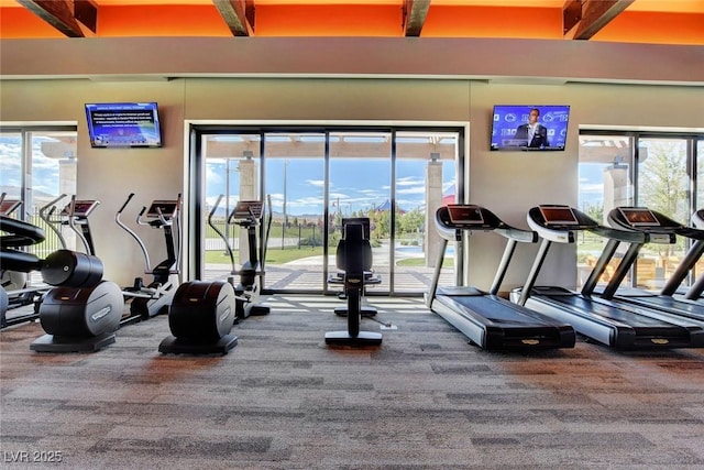 8668 Hartmont St, Las Vegas, NV 89166 - gym with carpet, beamed ceiling, and plenty of natural light
