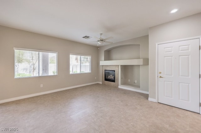 1554 Ward Frontier Ln, Henderson, NV 89002 - unfurnished living room featuring ceiling fan, a fireplace, baseboards, and recessed lighting