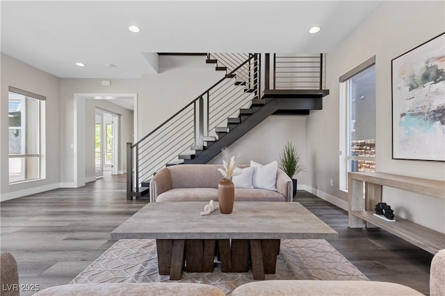 2890 Reverence Heights Ln, Las Vegas, NV 89138 - living room with stairs, wood finished floors, baseboards, and recessed lighting
