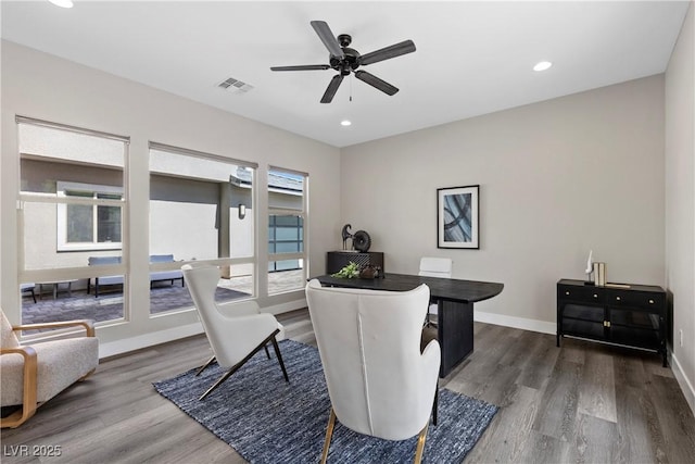 2890 Reverence Heights Ln, Las Vegas, NV 89138 - home office featuring wood finished floors, baseboards, a ceiling fan, and recessed lighting