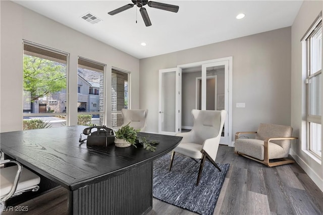 2890 Reverence Heights Ln, Las Vegas, NV 89138 - home office with plenty of natural light, a ceiling fan, wood finished floors, recessed lighting, and baseboards