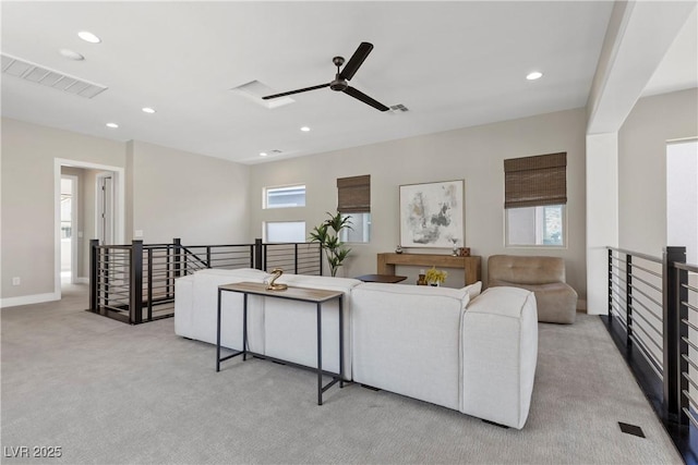 2890 Reverence Heights Ln, Las Vegas, NV 89138 - carpeted living room with a ceiling fan, recessed lighting, and baseboards