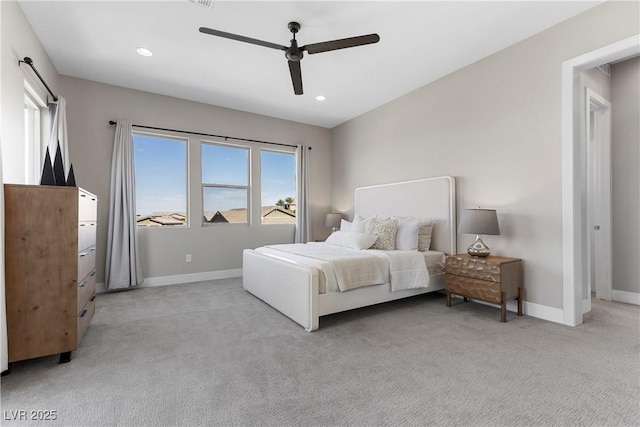 2890 Reverence Heights Ln, Las Vegas, NV 89138 - bedroom with light carpet, baseboards, ceiling fan, and recessed lighting