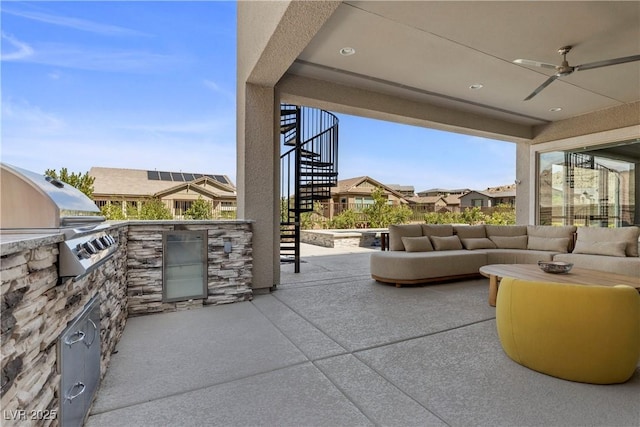 2890 Reverence Heights Ln, Las Vegas, NV 89138 - view of patio with stairway, an outdoor living space, a ceiling fan, and a residential view
