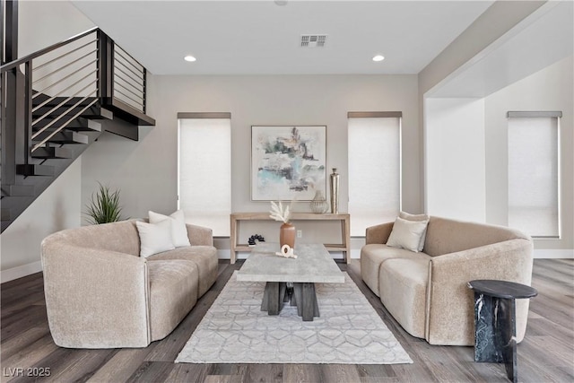 2890 Reverence Heights Ln, Las Vegas, NV 89138 - living area with wood finished floors, baseboards, stairway, and recessed lighting