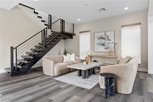 2890 Reverence Heights Ln, Las Vegas, NV 89138 - living area with stairway, dark wood-style floors, recessed lighting, and baseboards