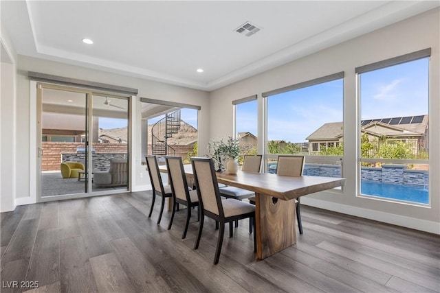 2890 Reverence Heights Ln, Las Vegas, NV 89138 - dining space with dark wood-type flooring, baseboards, and recessed lighting