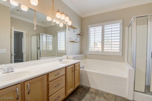 6826 Dovecote Ave, North Las Vegas, NV 89084 - full bathroom featuring a shower stall, a garden tub, double vanity, and ornamental molding