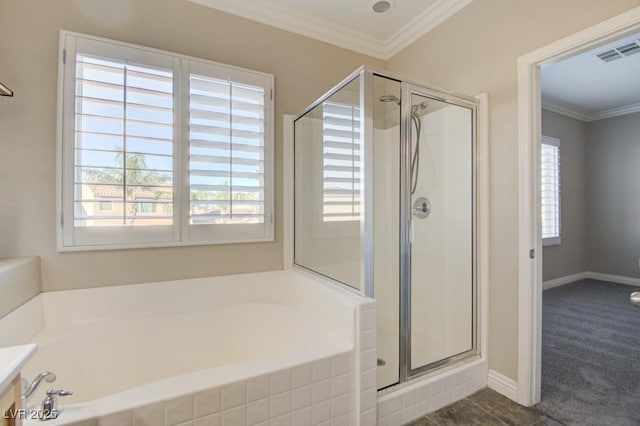 6826 Dovecote Ave, North Las Vegas, NV 89084 - bathroom featuring a garden tub, a stall shower, crown molding, and plenty of natural light