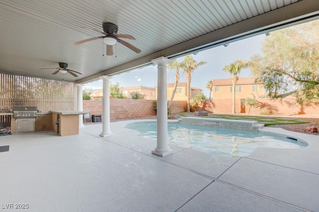 6826 Dovecote Ave, North Las Vegas, NV 89084 - view of pool with a fenced backyard, a ceiling fan, and a patio