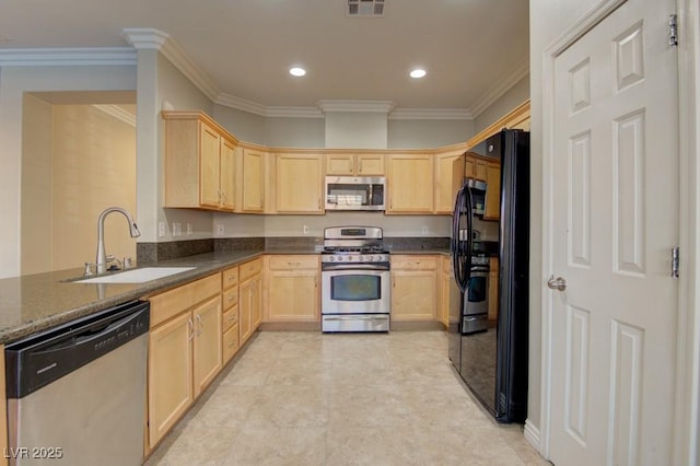 6826 Dovecote Ave, North Las Vegas, NV 89084 - kitchen with appliances with stainless steel finishes, light brown cabinets, a sink, crown molding, and dark countertops