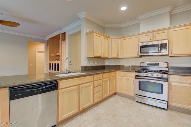 6826 Dovecote Ave, North Las Vegas, NV 89084 - kitchen with stainless steel appliances, light brown cabinetry, a sink, ornamental molding, and recessed lighting