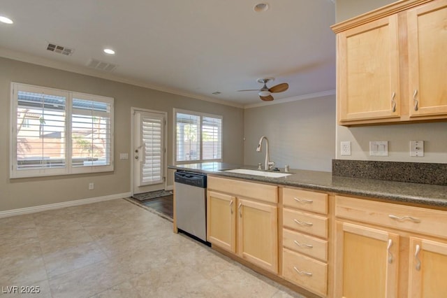 6826 Dovecote Ave, North Las Vegas, NV 89084 - kitchen with stainless steel dishwasher, light brown cabinets, crown molding, a sink, and ceiling fan