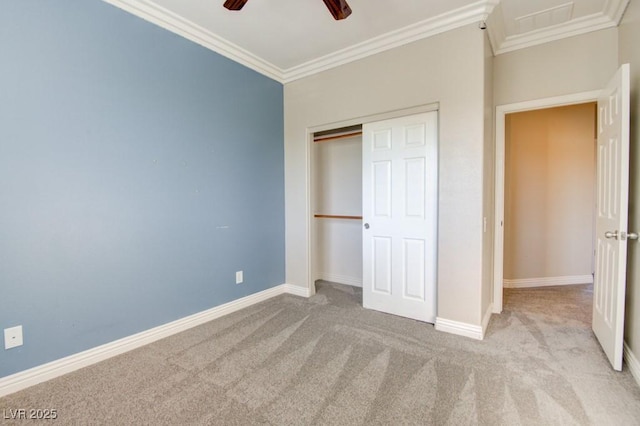 6826 Dovecote Ave, North Las Vegas, NV 89084 - unfurnished bedroom featuring carpet floors, ornamental molding, a closet, baseboards, and a ceiling fan
