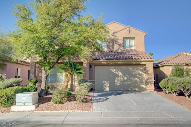 6826 Dovecote Ave, North Las Vegas, NV 89084 - mediterranean / spanish-style home with a tile roof, concrete driveway, stucco siding, and a garage