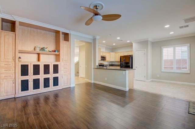 6826 Dovecote Ave, North Las Vegas, NV 89084 - unfurnished living room with ceiling fan, ornamental molding, recessed lighting, baseboards, and wood finished floors