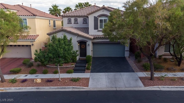11731 Longworth Rd, Las Vegas, NV 89135 - mediterranean / spanish house with stucco siding, a garage, a tile roof, and concrete driveway