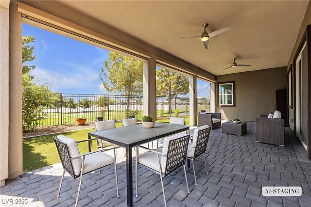 4829 E Beacon Ridge Dr, Pahrump, NV 89061 - view of patio / terrace with outdoor dining space, ceiling fan, and outdoor lounge area